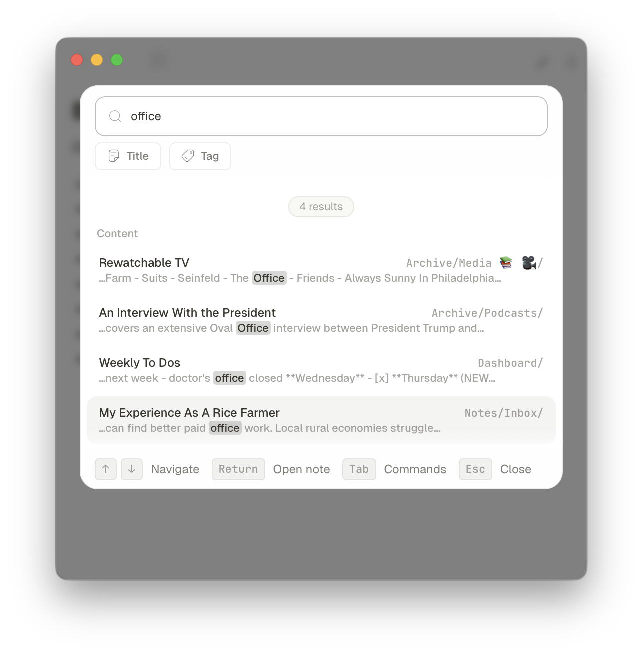 Glyph command palette searching across notes