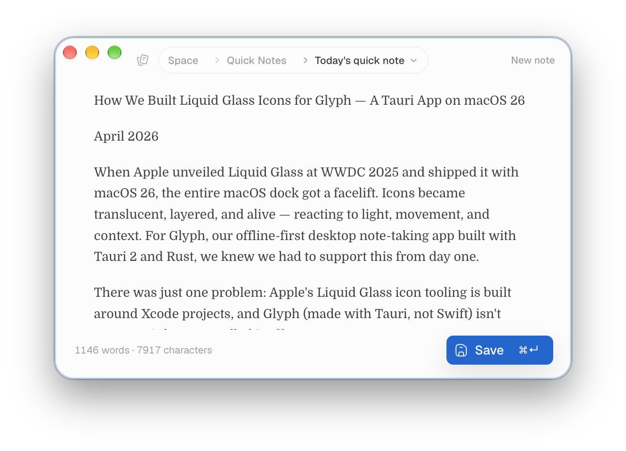Glyph's floating quick note window with a draft and a Save button