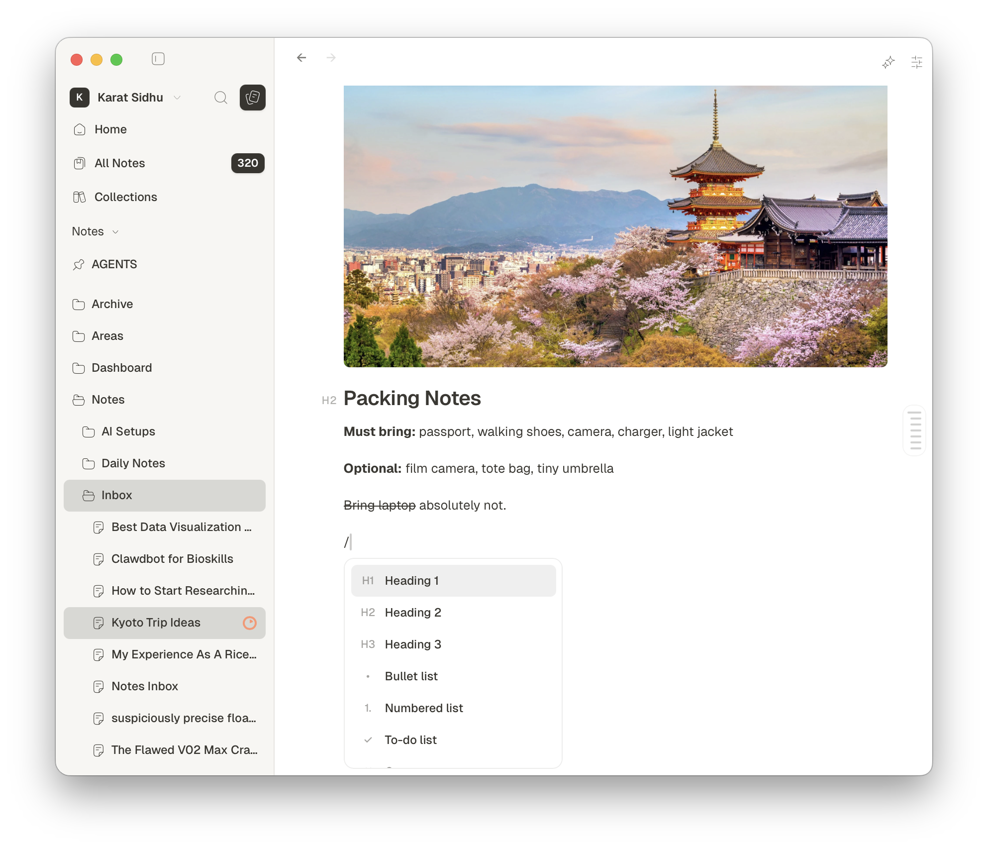 Glyph Markdown editor with slash command menu open