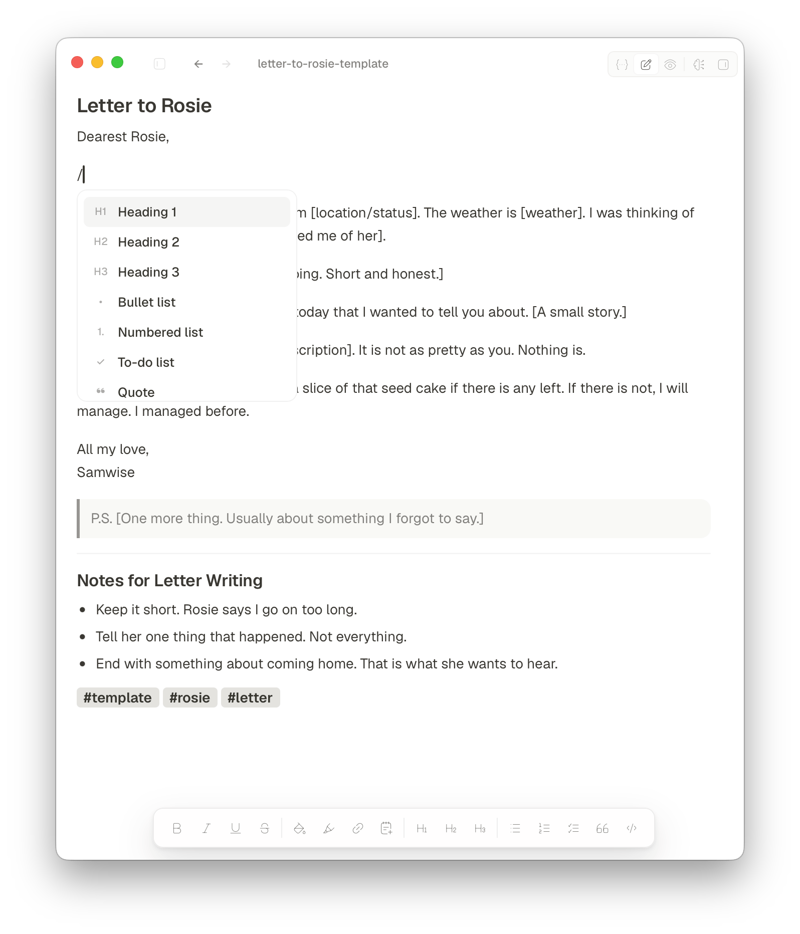 Glyph editing a Markdown note with the slash command menu open