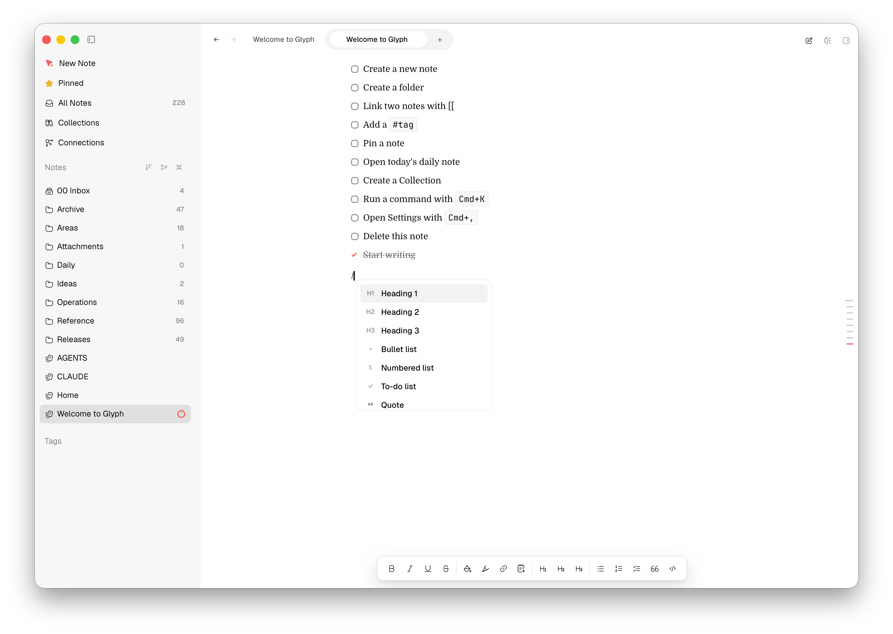 Glyph editing a Markdown note with the slash command menu open