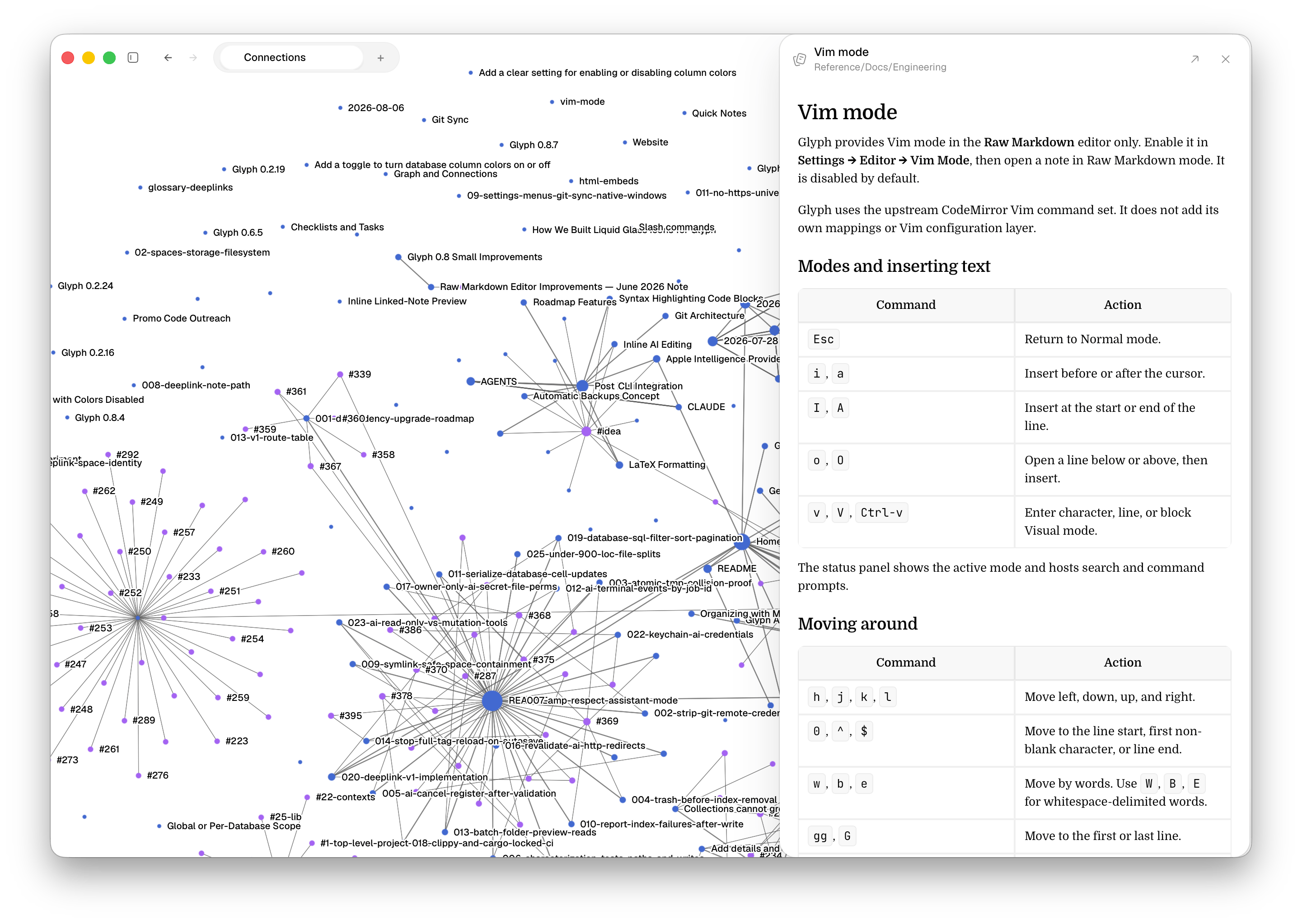Glyph Connections graph with a note open in a side panel