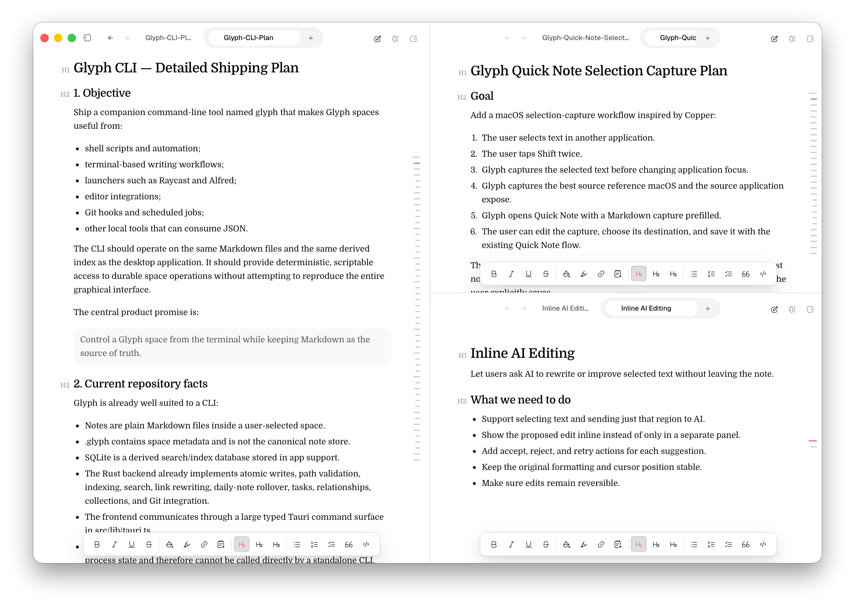 Glyph showing split editor panes with multiple notes open