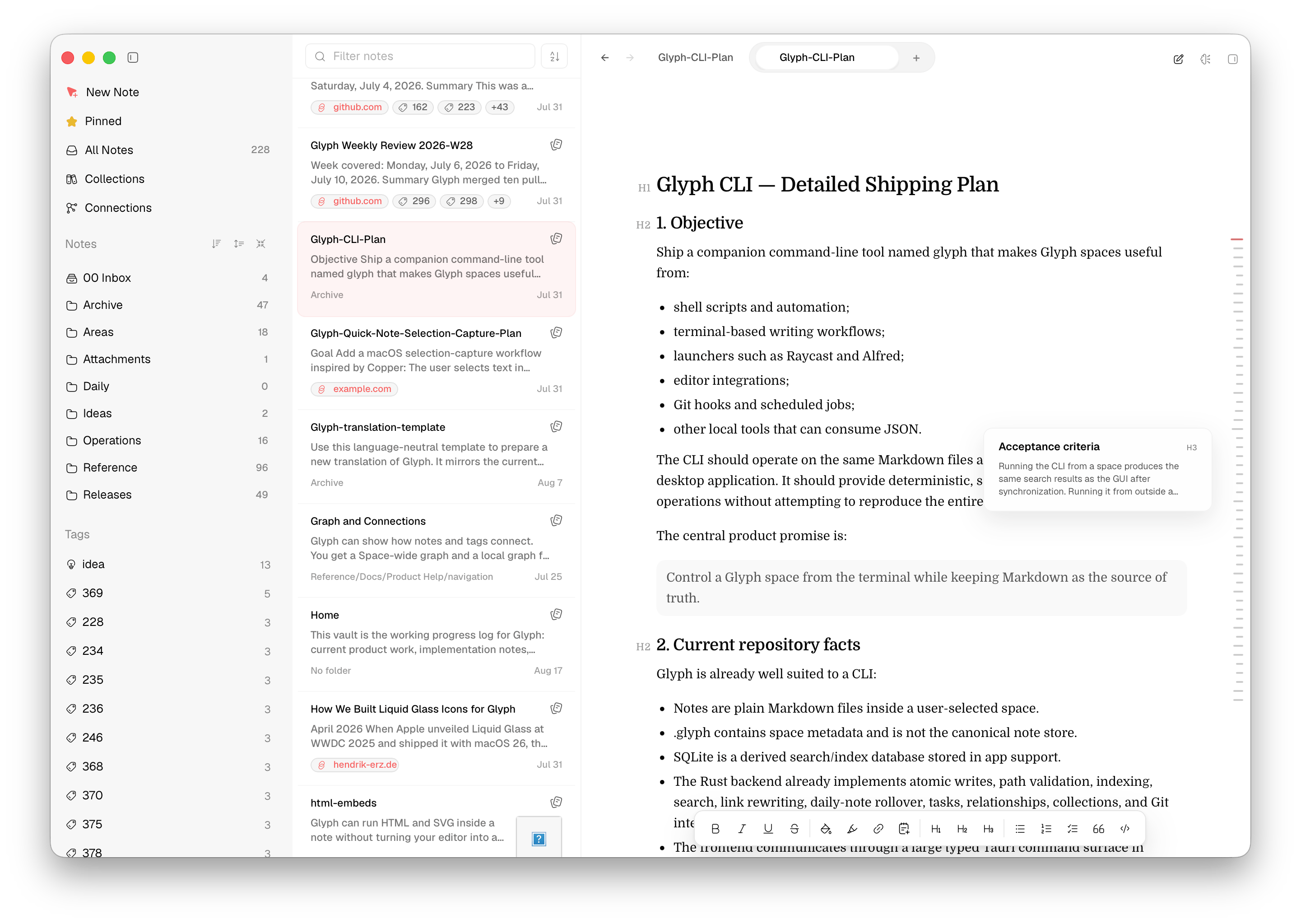 Glyph showing multiple split panels with notes, a collection board, a global Connections graph, and an AI chat panel