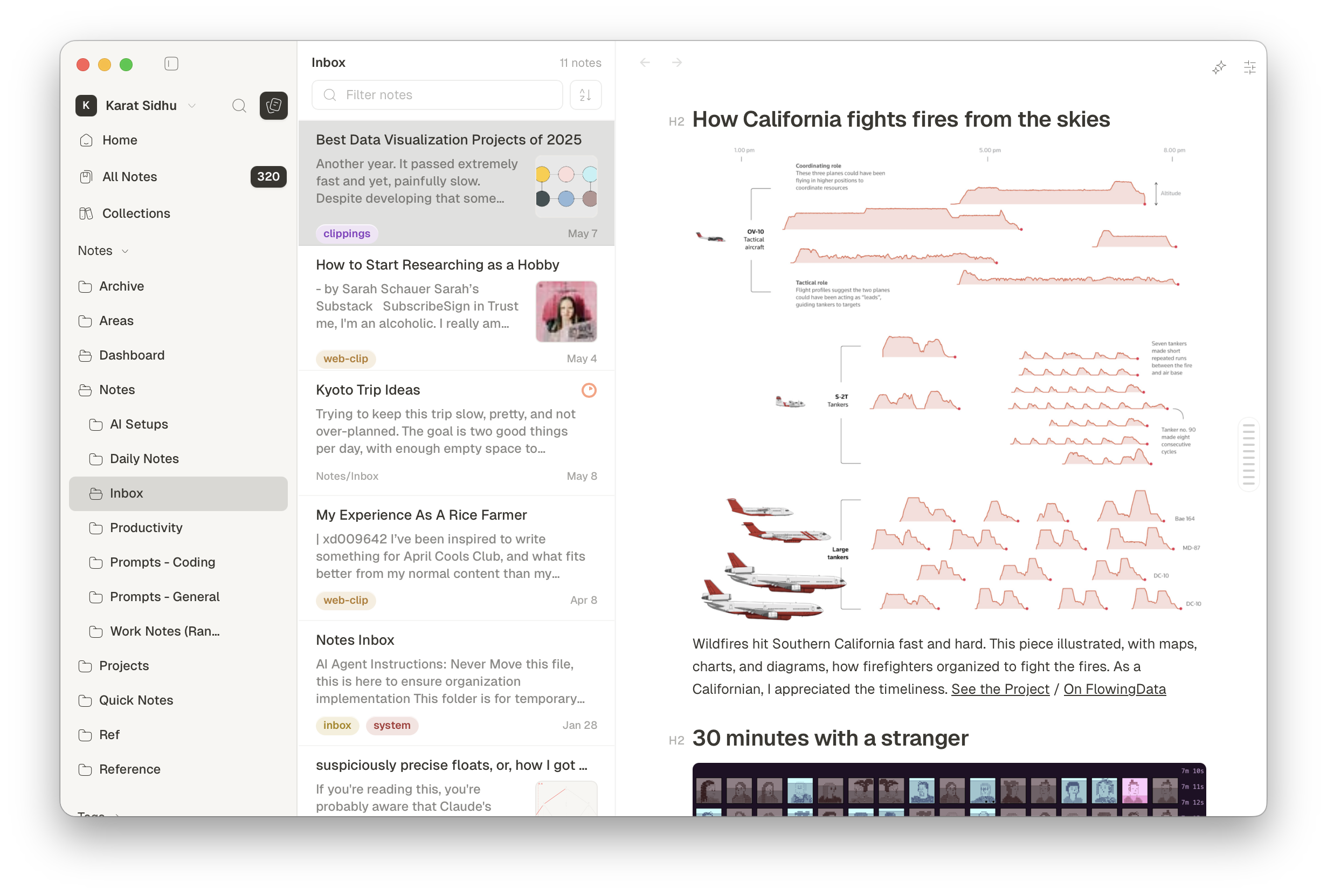 Glyph three-pane folder, list, and editor view