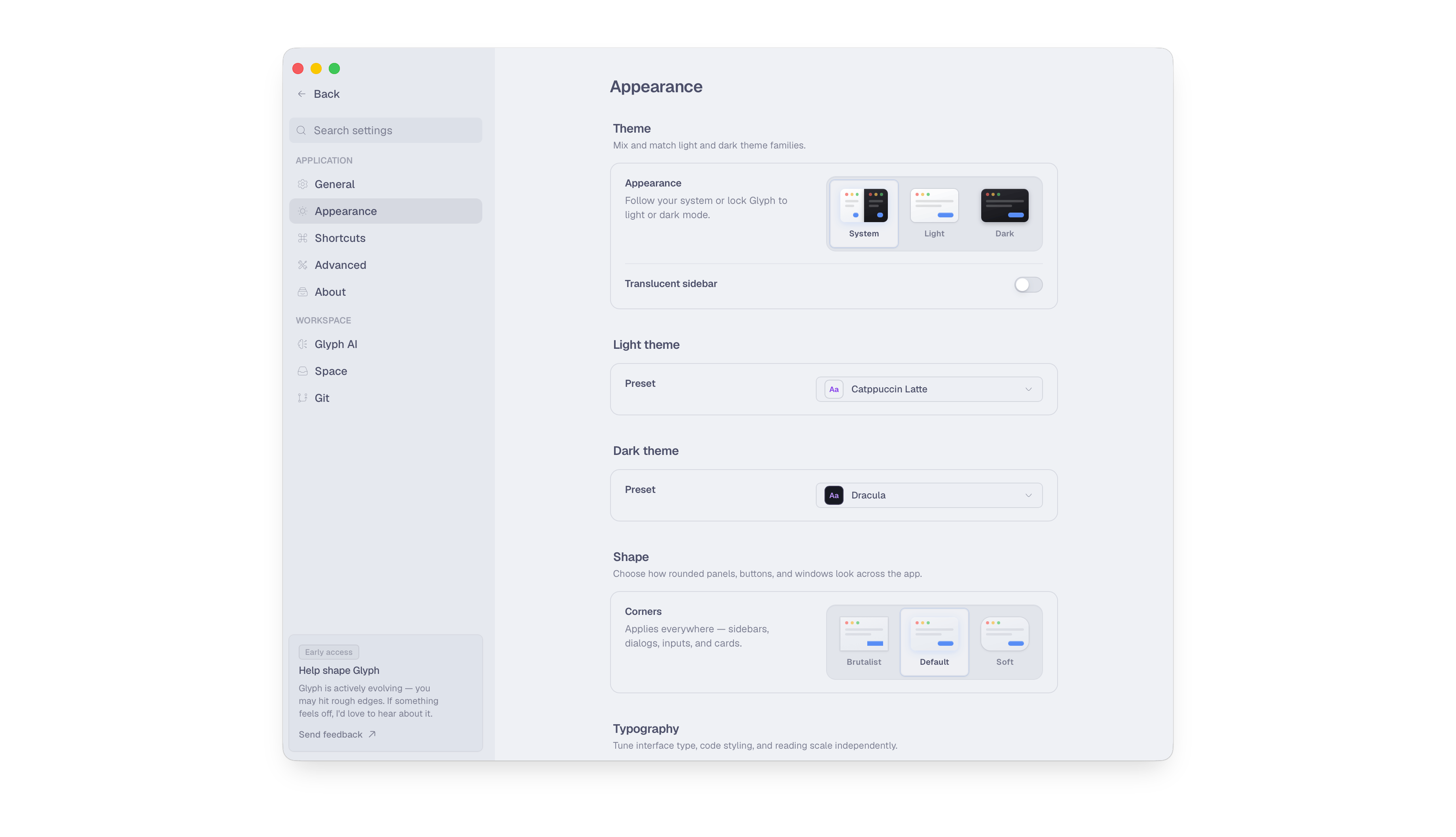 Glyph command palette listing file operations with keyboard shortcuts