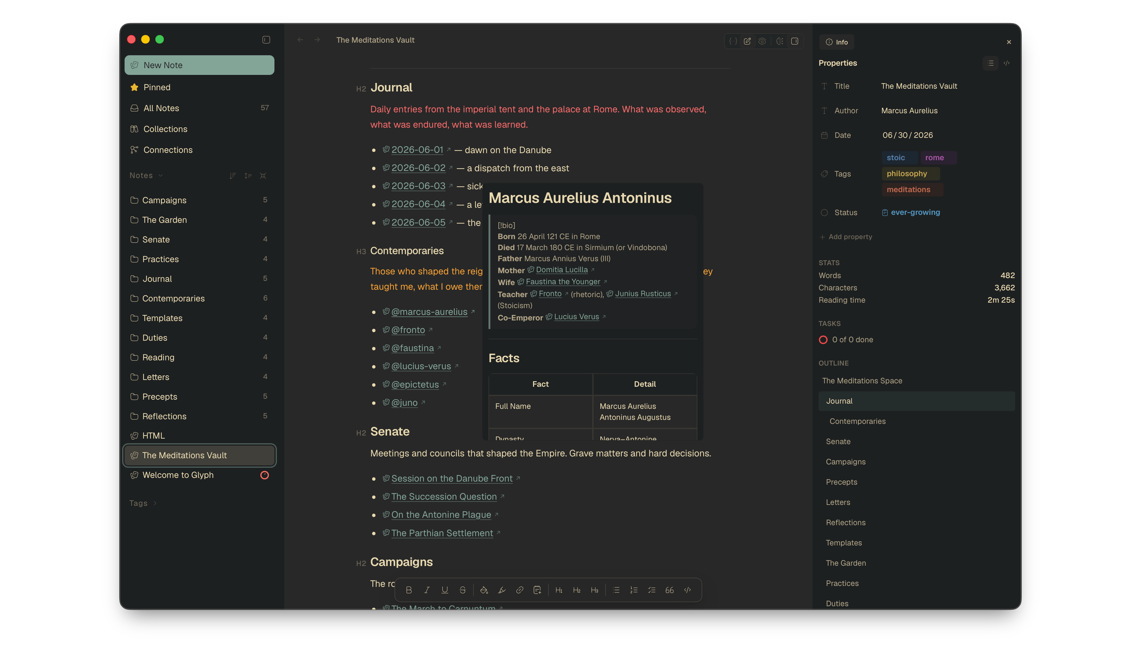 Glyph dark theme editor with wikilinks, headings, and a floating formatting toolbar