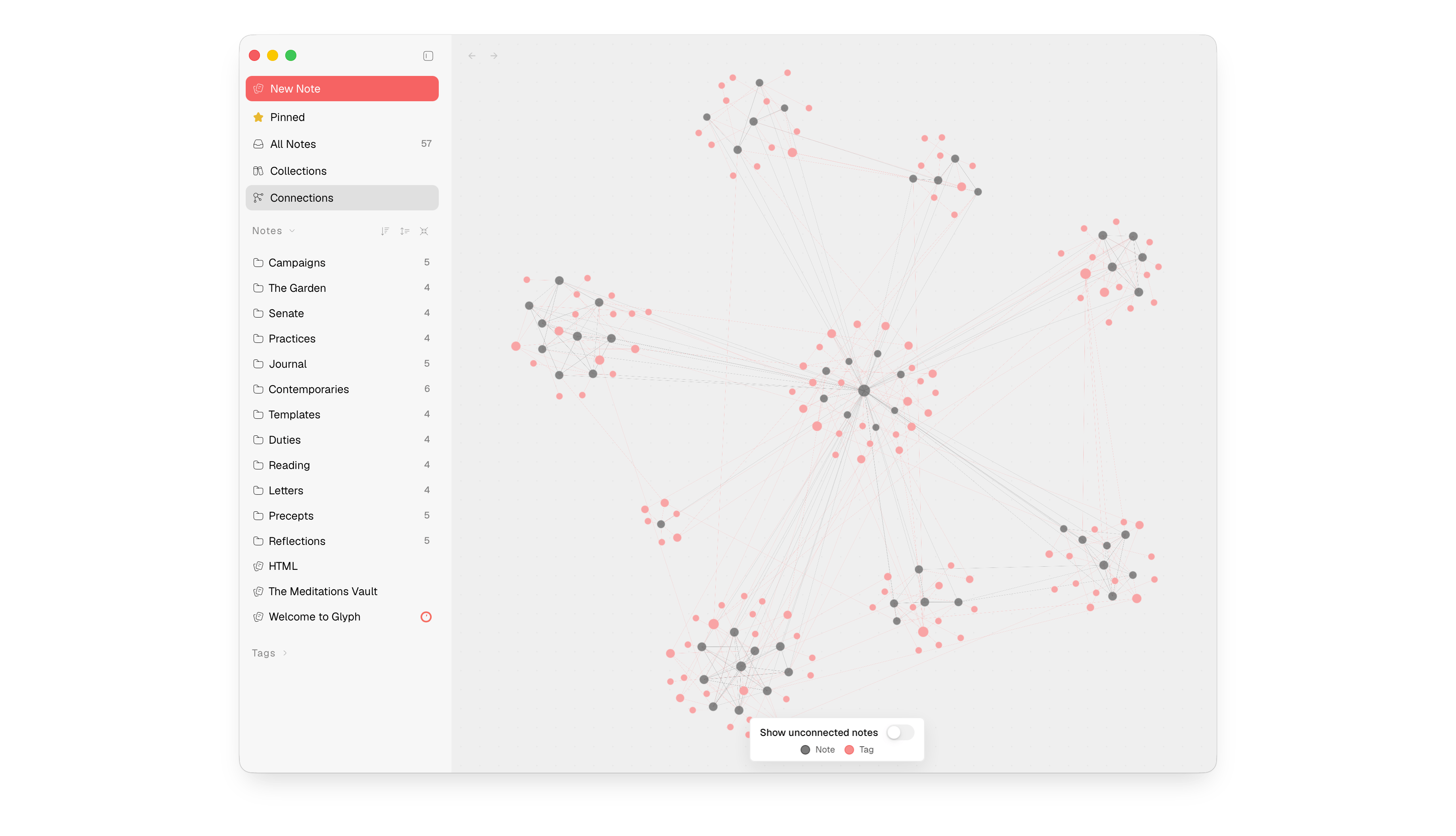 Glyph connections graph view showing linked notes and tags