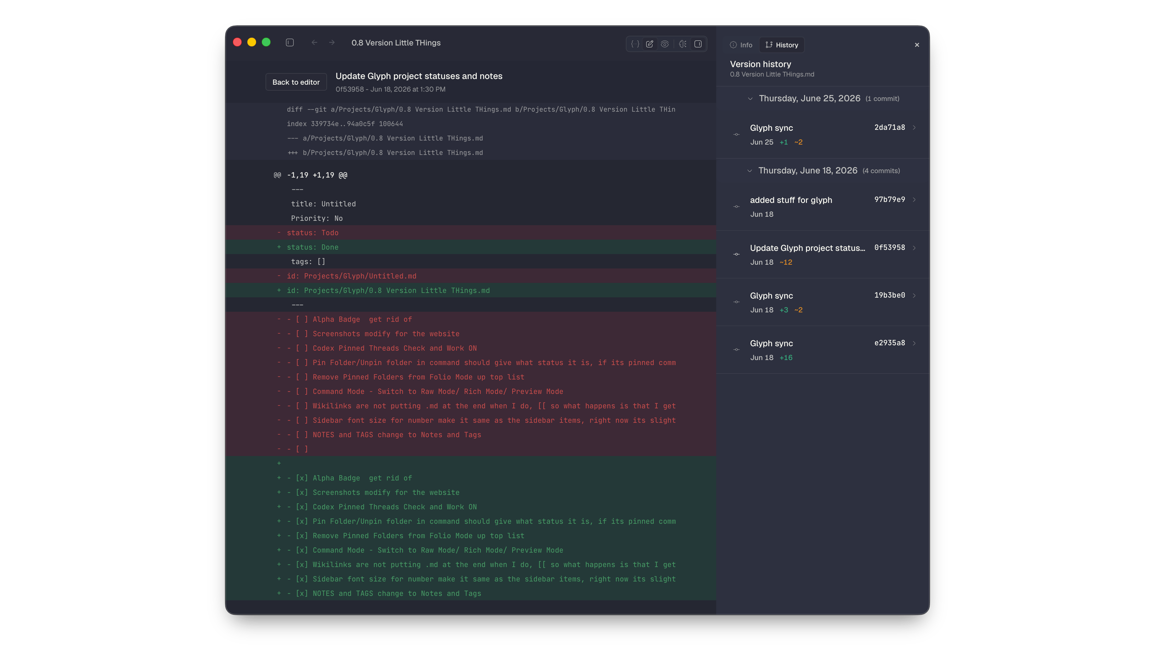 Glyph version history showing a git diff of a note with commit timeline