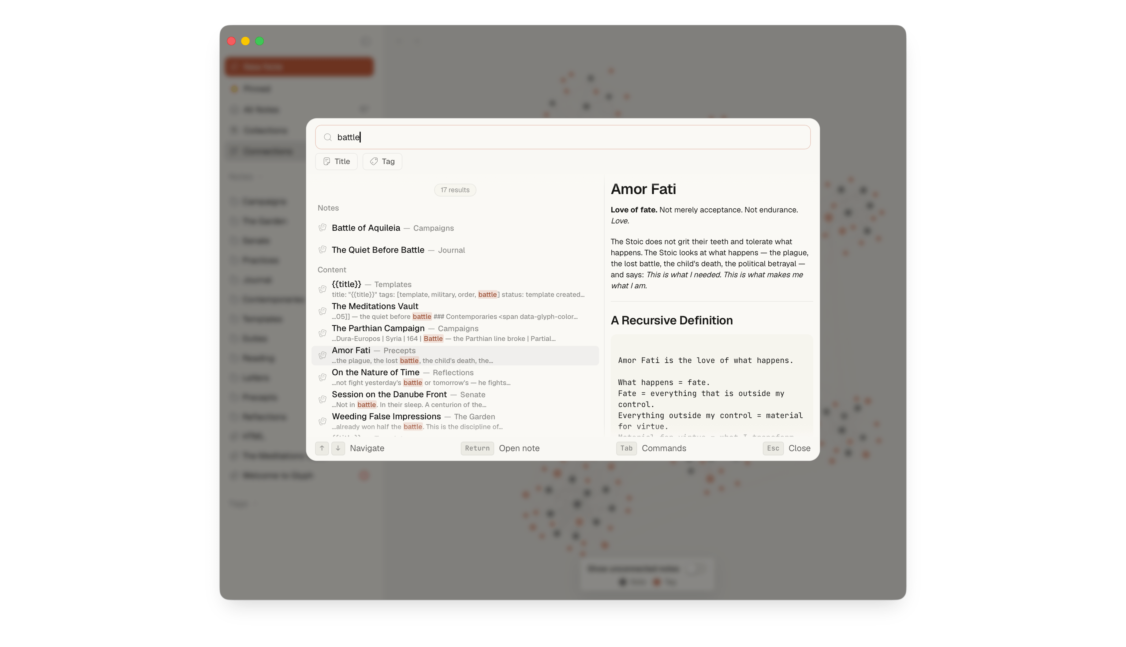 Glyph search palette filtering notes by tag with a live note preview