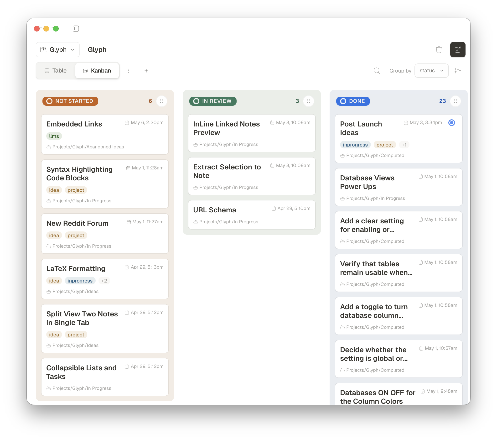 Glyph kanban board grouped by status